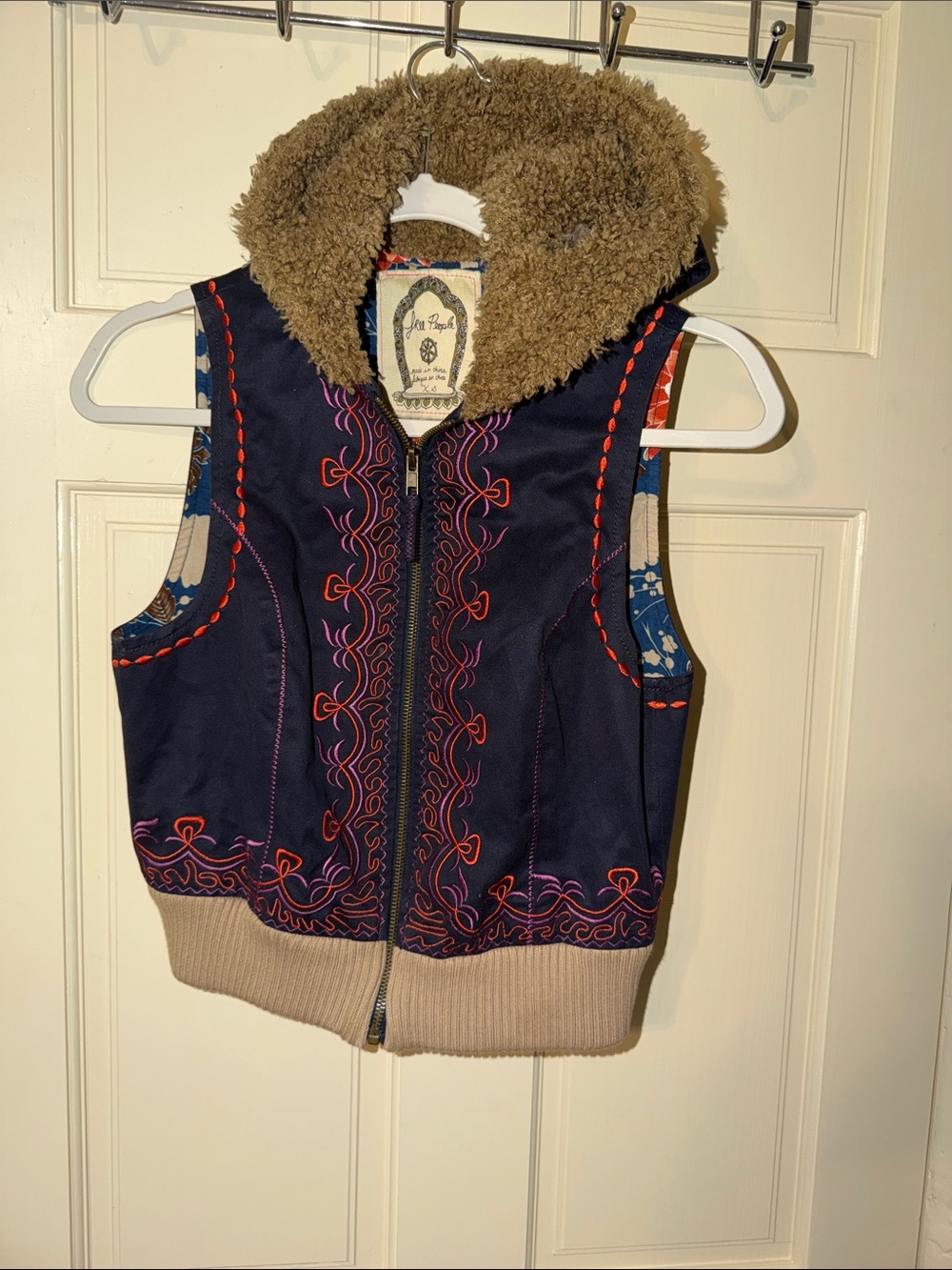 Free People Navy Embroidered Hooded Vest with Tan Sherpa